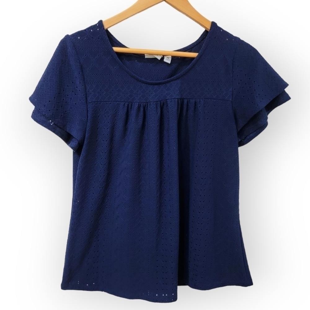 Kim Rogers Blue Lace Short Sleeve Top Ruffle Sleeves Size PM Petite Medium